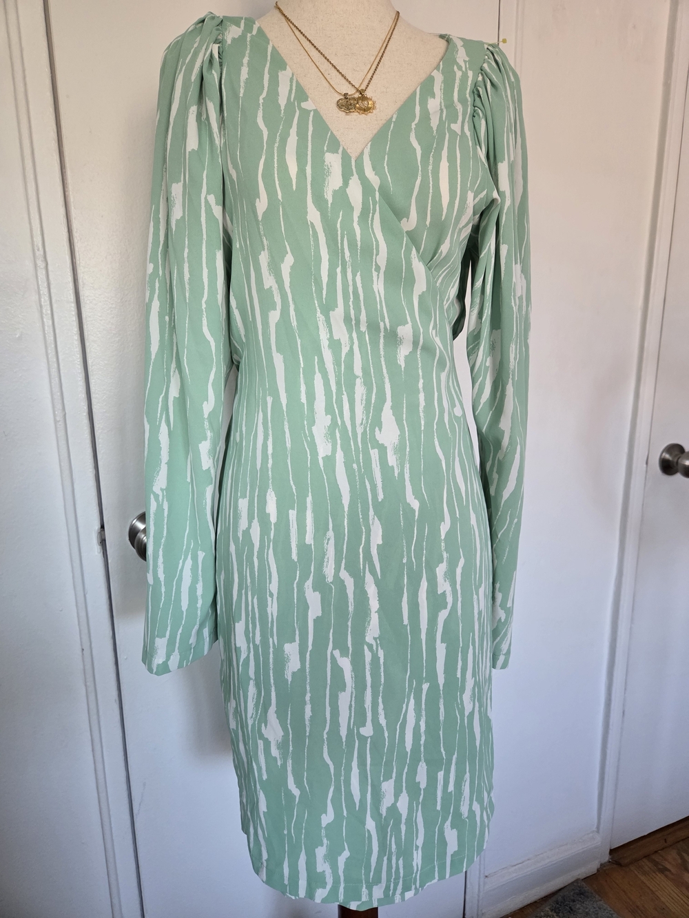 Mint and White Long Sleeve V-Neck Midi Dress